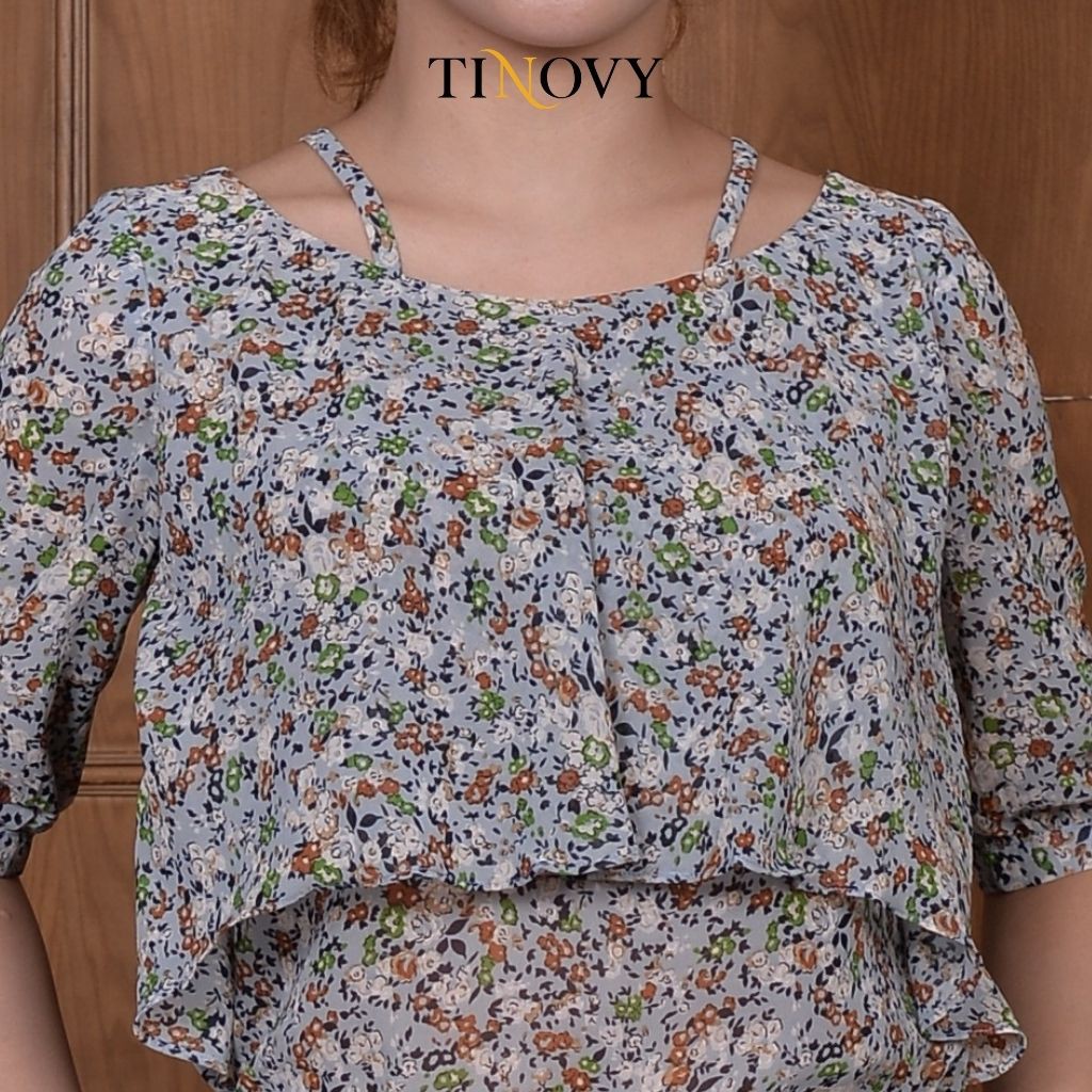 Áo Sơ Mi Nữ TINOVY Cổ Tròn Có Dây Vai Tay Lỡ Phối Bèo Trước Hoạ Tiết Hoa 202-0115