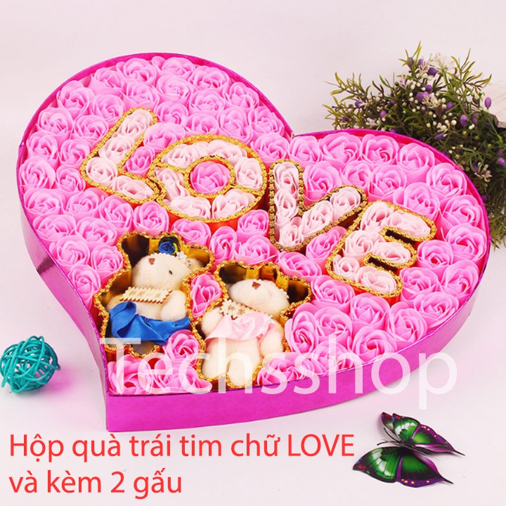 Hộp quà trái tim hoa hồng sáp kèm chữ LOVE có 2 gấu loại lớn - quà tặng bạn gái 8/3