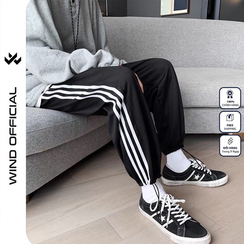 Quần jogger ống rộng WIND unisex Bó Chun dây rút basic 3 LINE nam nữ oversize