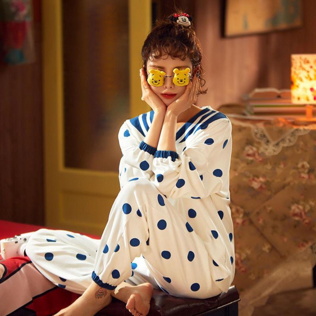 Bộ chấm bi mặc nhà quần dài áo tay dài vải Cotton siêu cao cấp mềm mịn thấm hút mồ hôi dễ thương xinh xắn mặc ngủ dạophố