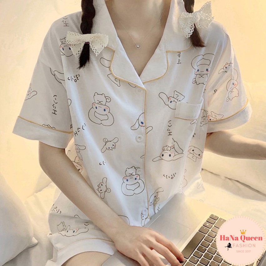 Bộ pijama cộc đùi hoạ tiết thỏ trắng siêu dễ thương (Hàng có sẵn)