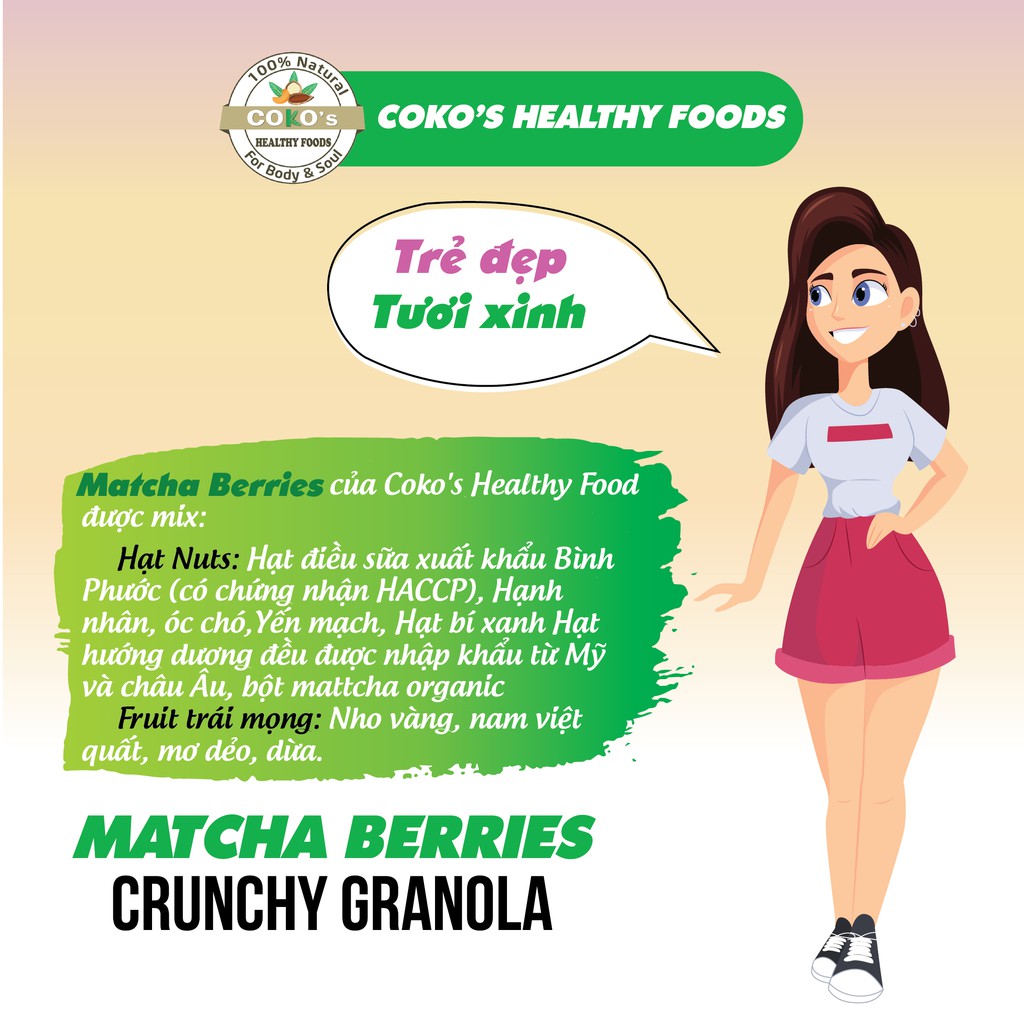 Ngũ Cốc Granola Ăn Kiêng Matcha Berries Gói 400gr COKO'S FOOD, Ngũ Cốc Dinh Dưỡng Hảo Hạng