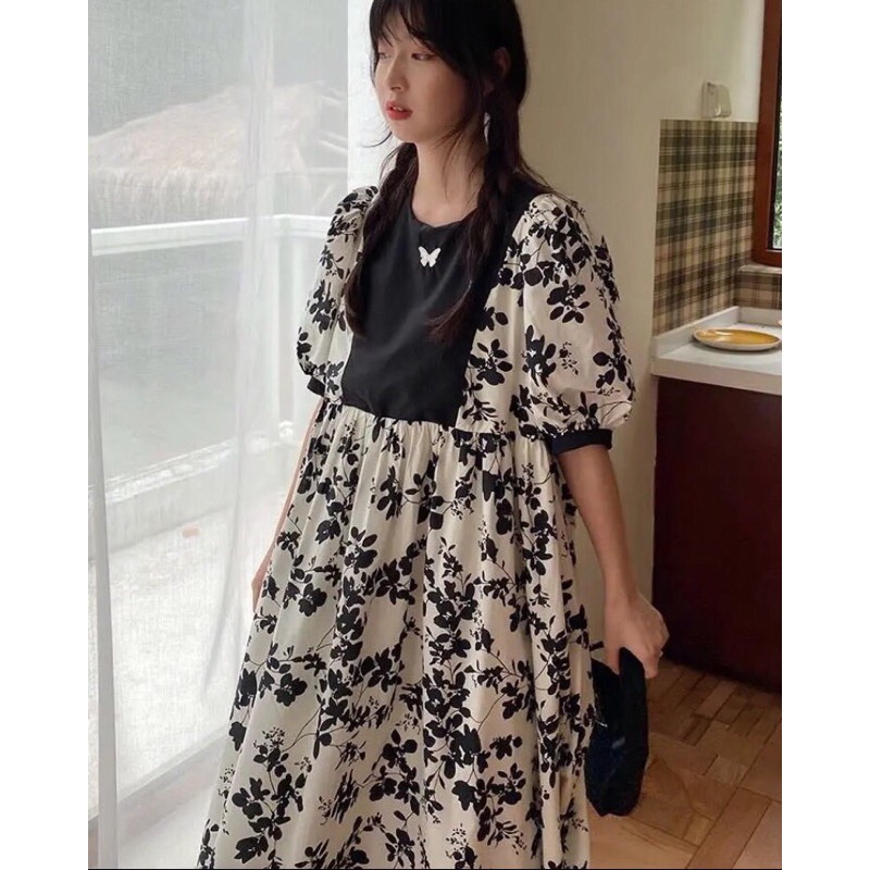 VÁY BABY DOLL DÁNG DÀI, HOẠ TIẾT HOA LÁ ĐEN TRẮNG