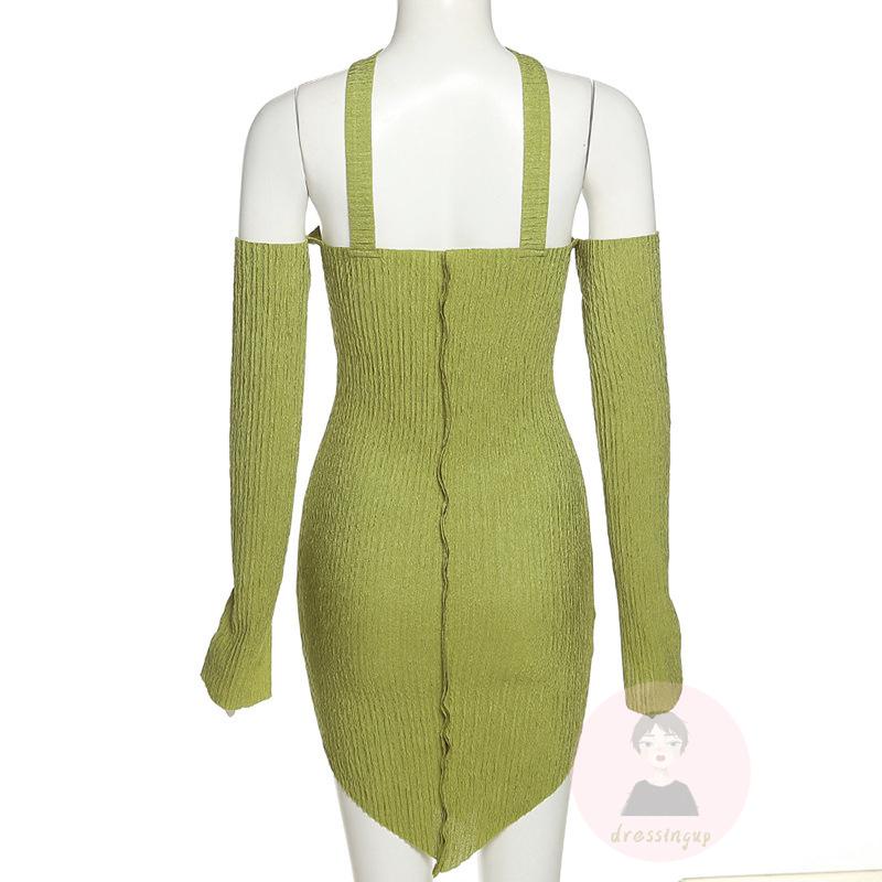 DRE-Women Summer Dress, Long Sleeve Off Shoulder Neck Hanger Solid Color Ribbed Dress