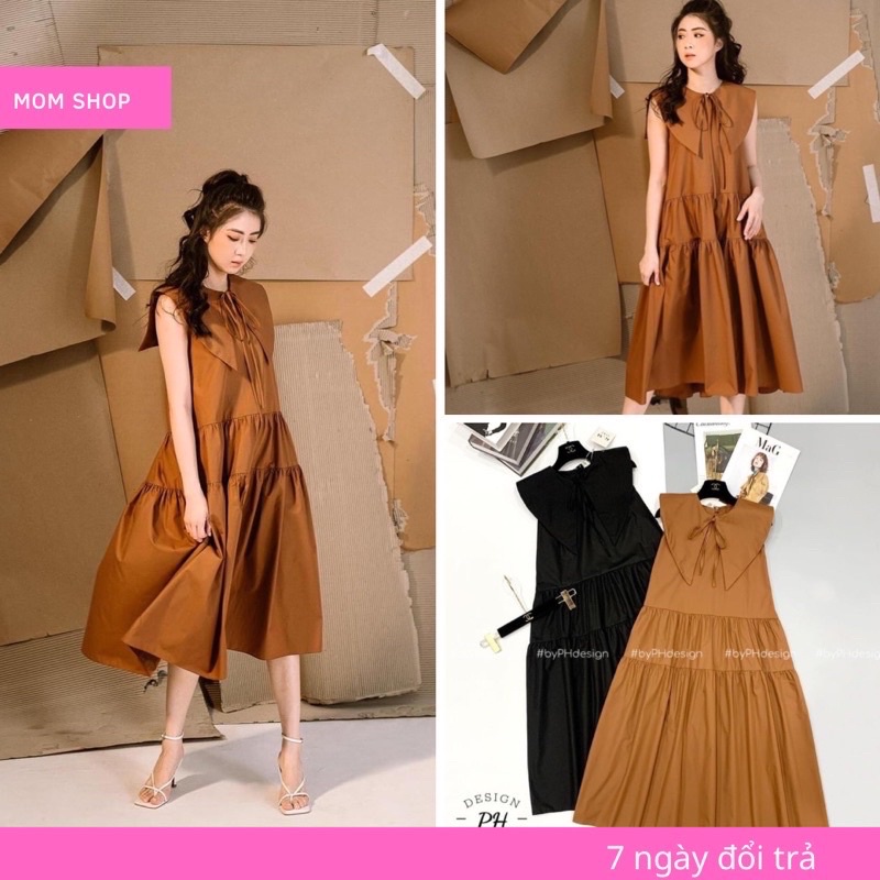 Đầm bầu babydoll cổ nhọn thắt nơ  tkutrang -  váy bầu tiểu thư dáng xòe 2 màu siêu xinh