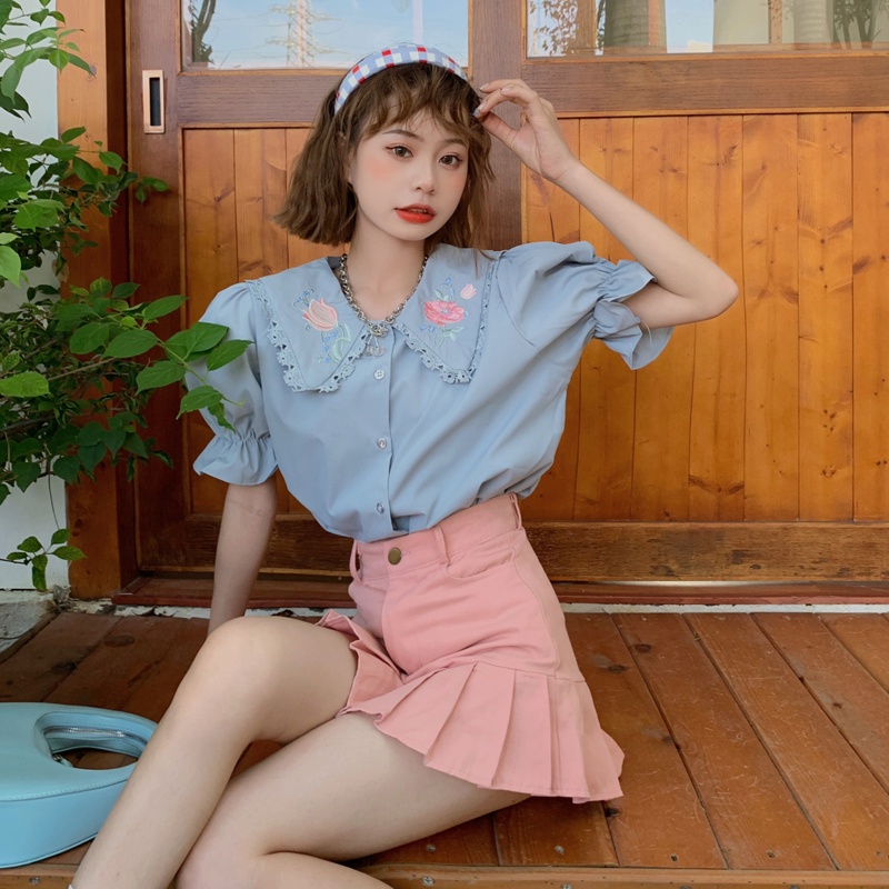 SUXI Áo sơ mi tay ngắn dáng rộng phối ren thêu họa tiết thời trang mùa hè Pháp cổ điển thanh lịch cho nữ