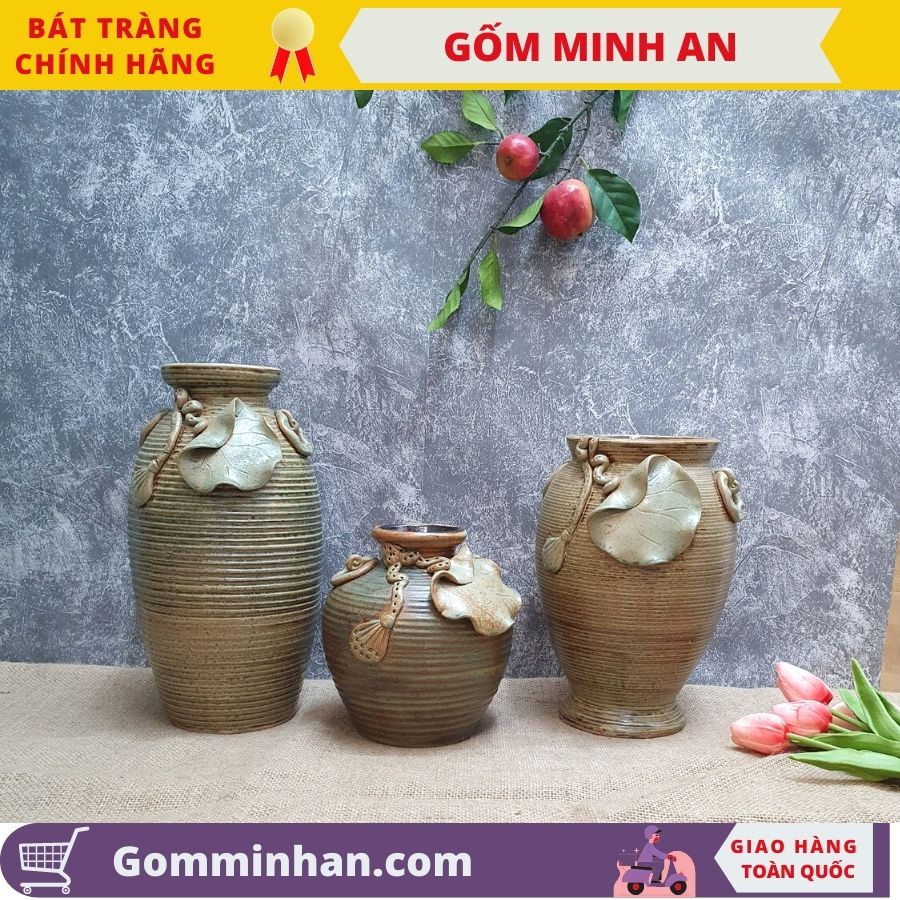 Bình Hoa Lọ Hoa Decor Gốm Mộc Đắp Sen Dáng Nhỏ Cắm Hoa Hồng Hoa Cúc Gốm Bát Tràng- Gốm Minh An
