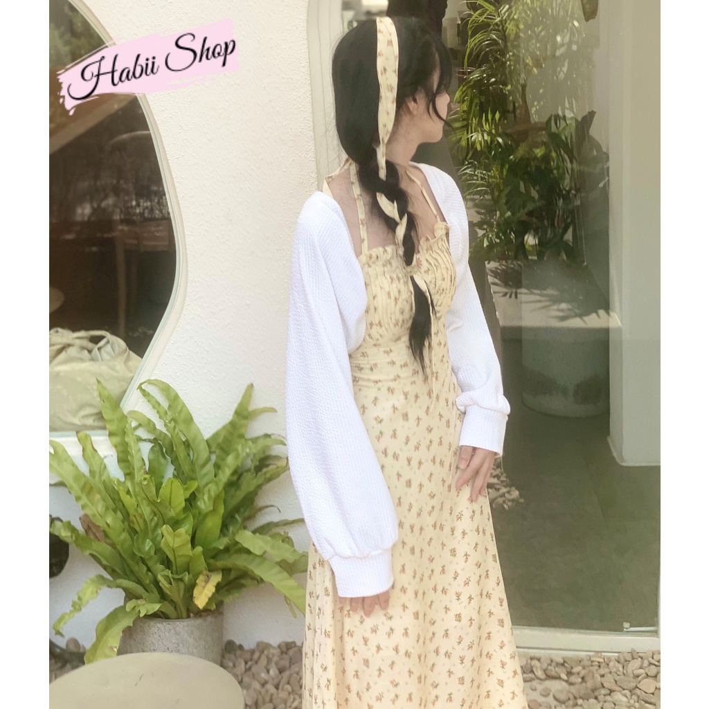 Set váy hoa nhí cổ yếm dáng dài kèm áo khoác cardigan croptop Ulzzang HABII V02