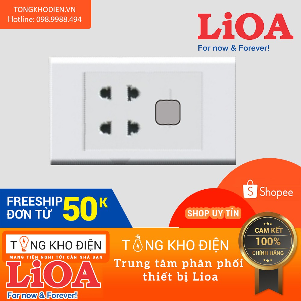 Mặt 2 ổ cắm + 1 lỗ LiOA [CHÍNH HÃNG], Nhựa TRẮNG - Tiếp điểm ĐỒNG