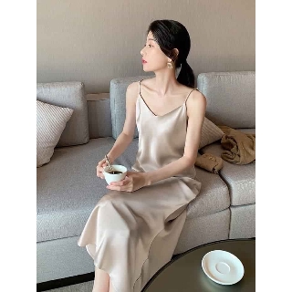 Váy 2 dây, đầm xuông - chất lụa trơn basic nữ