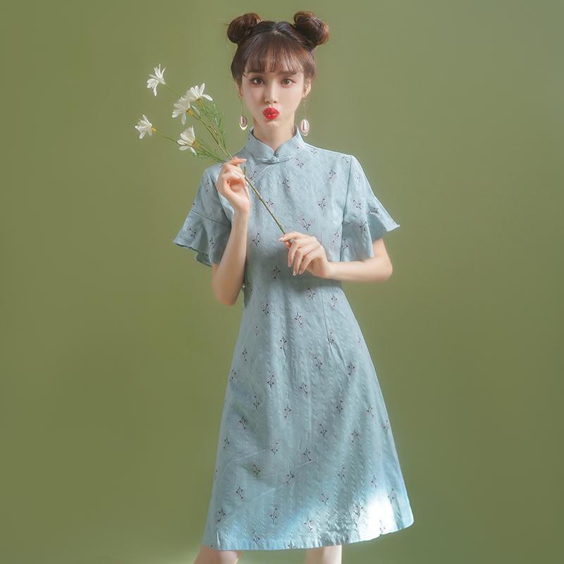 ◎✹váy sườn xám cải tiến 2021 kiểu mới, hoa nhỏ mùa hè, cô gái trẻ sinh viên phong cách Trung Quốc