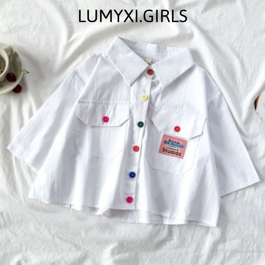 Áo sơ mi croptop nữ tay ngắn from rộng
