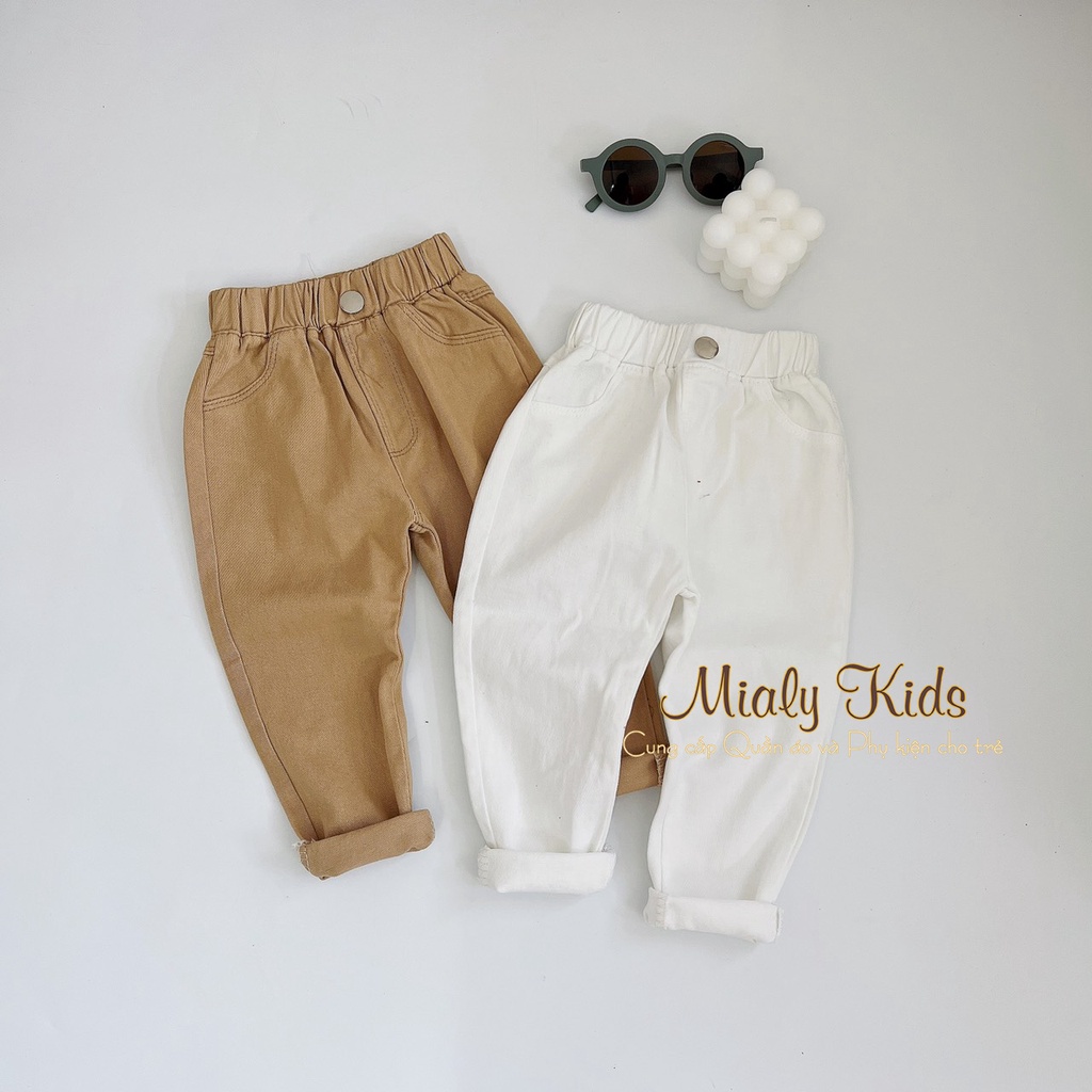 Quần kaki thun 2 màu Nâu - Trắng cho bé trai bé gái (9-14kg) - Quần kaki Mialy kids chất quần co dãn mềm mại.