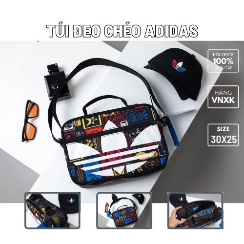 TÚI ĐEO CHÉO CẶP CHÉO ADIDAS FULL COLOR CHẤT VẢI POLYESTE CAO CẤP, TÚI THOIW TRANG AD1A21 FULL COLOR