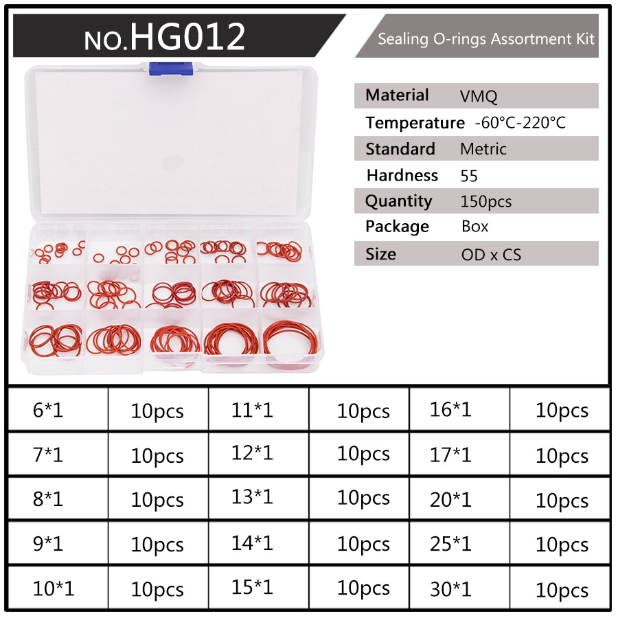 Hộp 150 Vòng Đệm silicone Đỏ 6mm-30mm cs 1mm 1.5mm 1.9mm 2.4mm