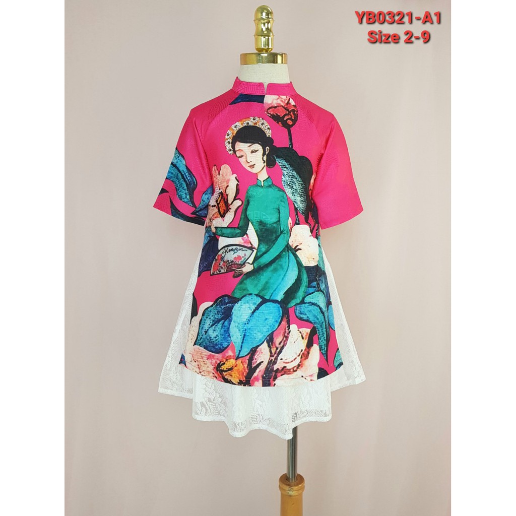 YB0321-A2 - Bộ bé gái áo dài chân váy ren , in hình cô Tấm , màu hồng phấn , size 2t-9t , ri8 .