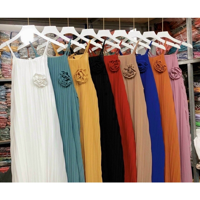 [Hàng đẹp]Đầm maxi dập ly 2 dây dáng suông kèm hoa trên ngực siêu cưng-hình thật. alohashop91