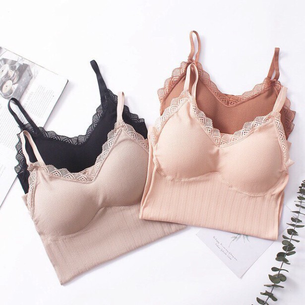 (loại 1)Áo bra gân tăm viền ren dáng dài(túi zip) !