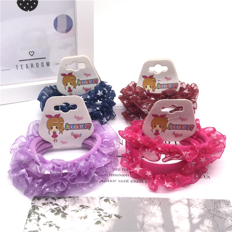 Set 2 dây buộc tóc voan xoăn cho bé - Dây cột tóc scrunchies hình sao dễ thương