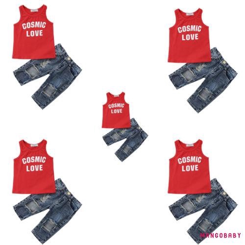 Set 2 Món Áo Thun Sát Nách + Quần Denim Dài Thời Trang Cho Bé Gái