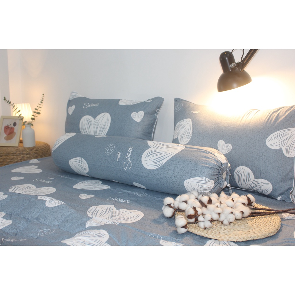 Bộ drap gối Cotton TL  - Tim Nền Xám - chất vải  COTTON loại 1 dầy dặn, mềm mại, mát mẻ.