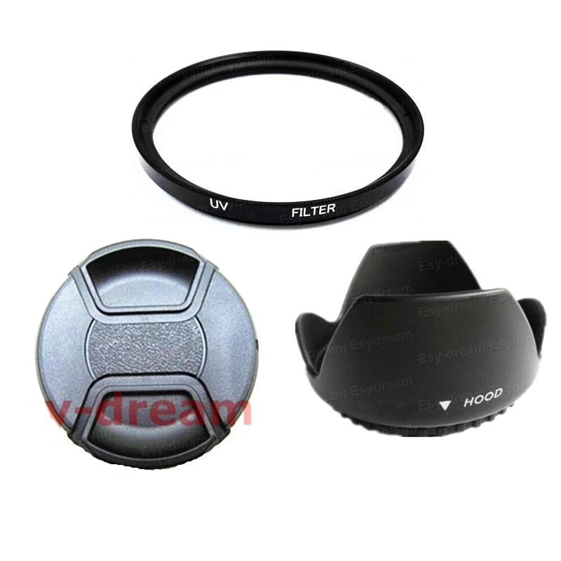 Bộ kính lọc UV + loa che nắng và nắp đậy kính cho Canon Nikon Lenses 49 52 58mm