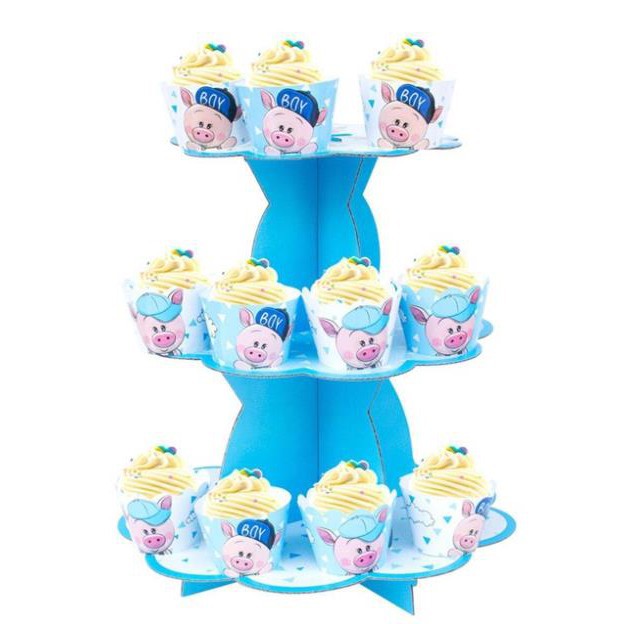 Tháp bánh 3 tầng , tem cắm + ly cupcake mẫu bé trai