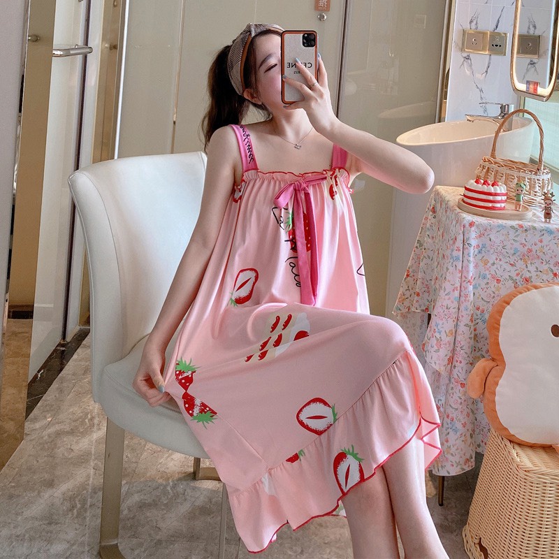 Váy ngủ, váy 2 dây chất thun sữa in họa tiết hoạt hình dễ thương V284