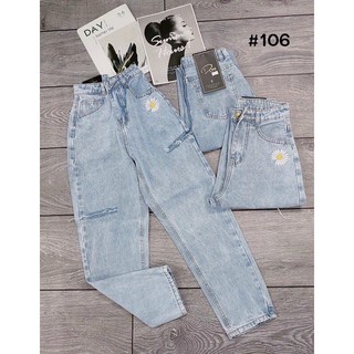 quần jean lưng cao thêu hoa form baggy