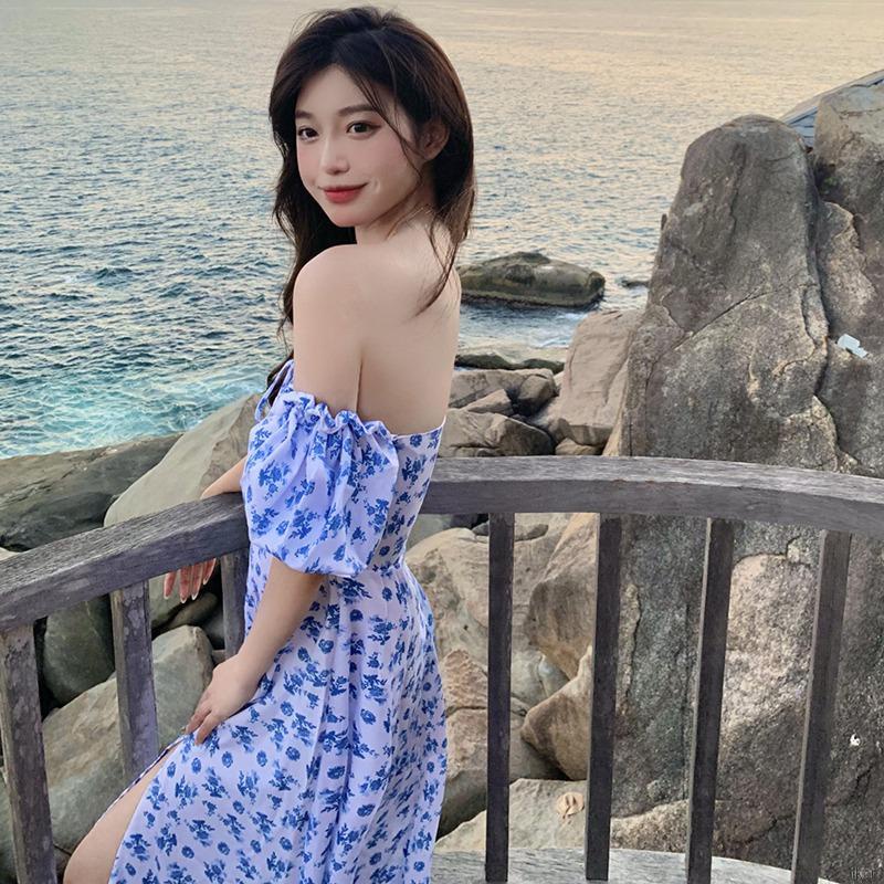 Đầm hoa tay phồng dáng dài xẻ tà thời trang mùa hè dành cho nữ