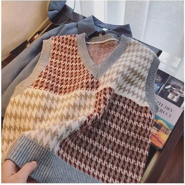 Áo len không tay cổ chữ V dáng rộng họa tiết sọc caro thiết kế mới thời trang dành cho nữ