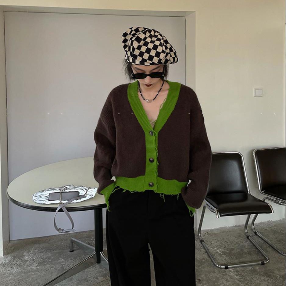 Áo Khoác Cardigan Dệt Kim Cổ Chữ V Màu Sắc Tương Phản Phong Cách Retro Thời Trang Xuân Thu 2022 Cho Nữ