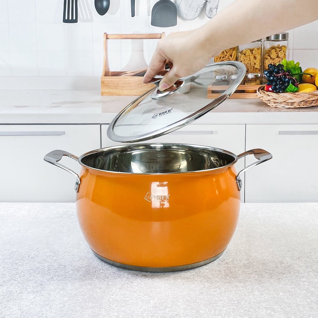 Bộ nồi chảo 5 món Arber An06smc màu cam, bộ nồi inox 304 cao cấp, bộ nồi 3 đáy siêu dày siêu chắc chăn