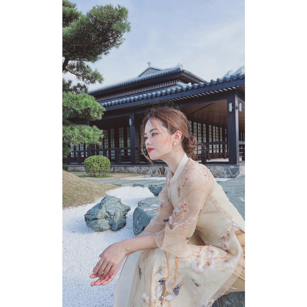 Áo Dài Cách Tân Voan Tơ In 4 Tà Cao Cấp