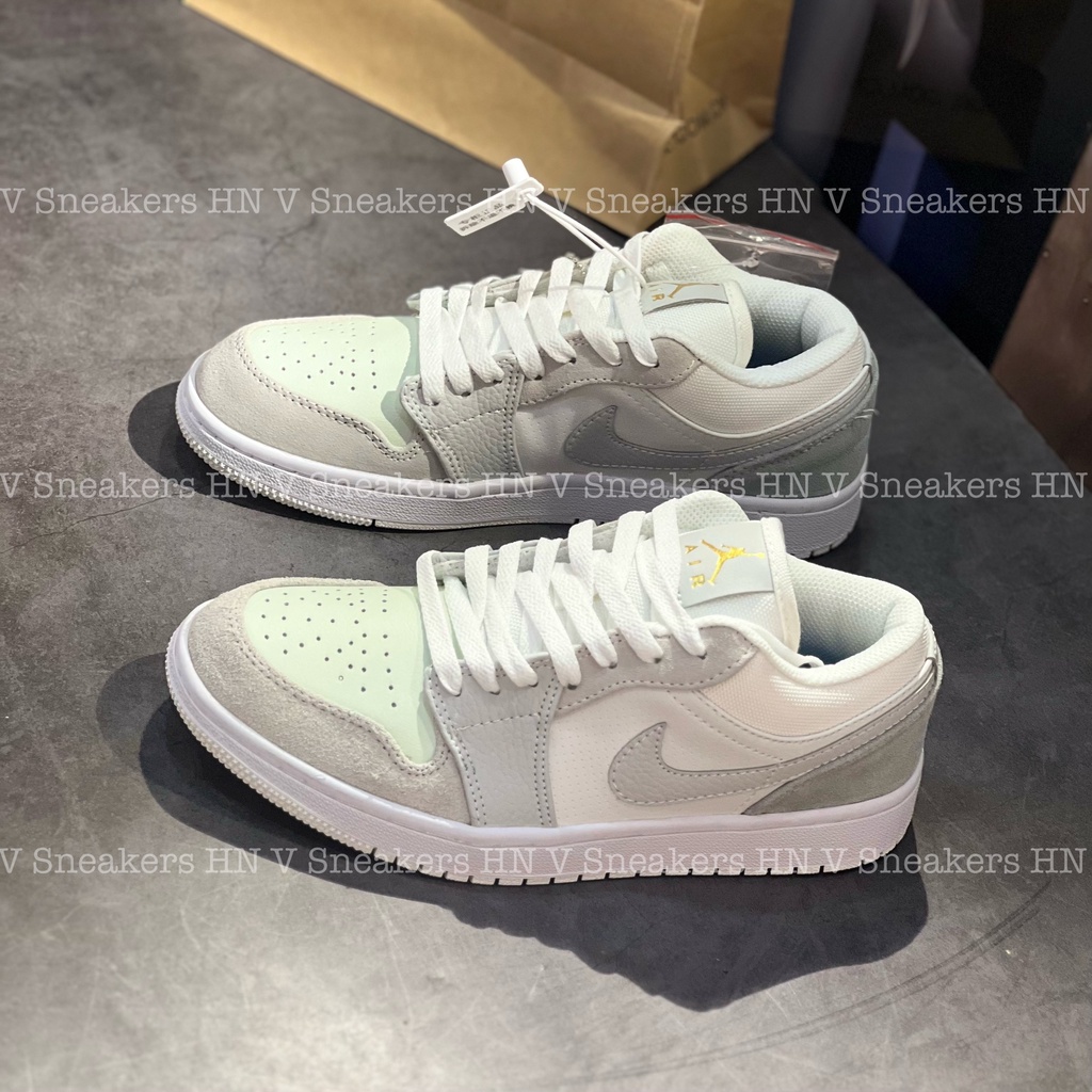 Giày Jordanm 1 Low Paris, Jodan Cổ Thấp Xám Xanh Da Lộn Logo Vàng Nam Nữ Mới Nhất Hottrend 2022