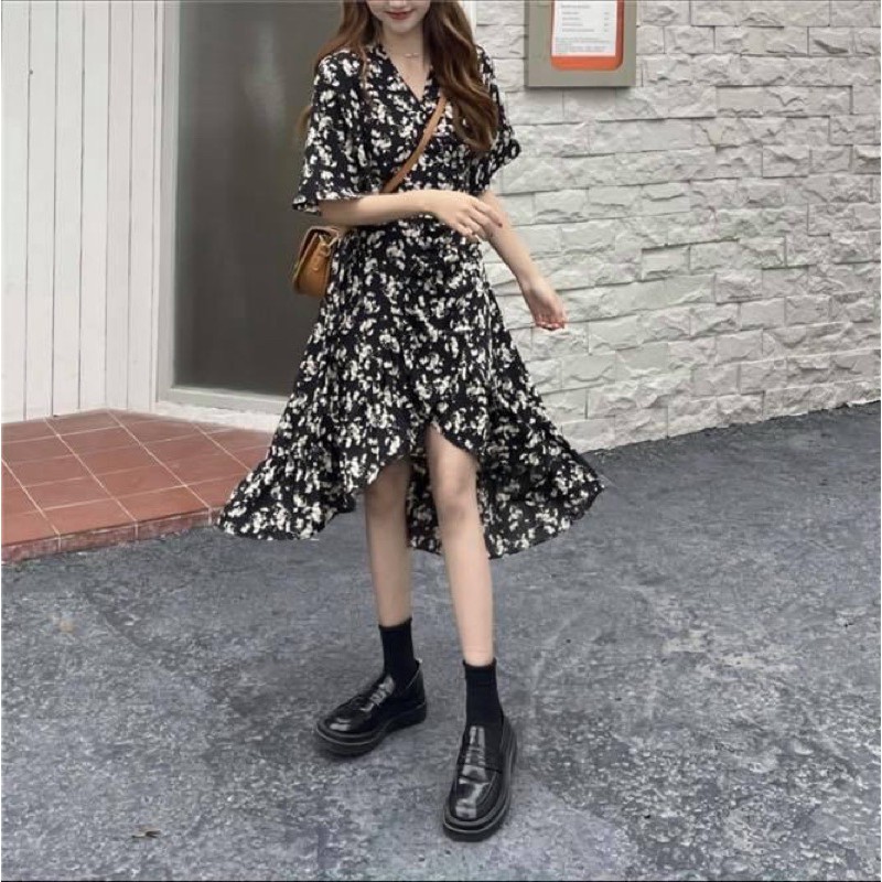 Đầm kiểu dài nữ maxi hoa nhí vạt chéo đắp ngang ngực tay ngắn voan chiffon - Order taobao quảng châu