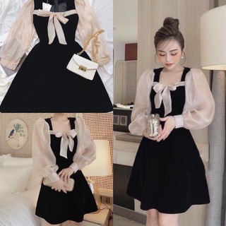 Đầm xoè nhung tay phối tơ qc tiểu thư xinh xắn