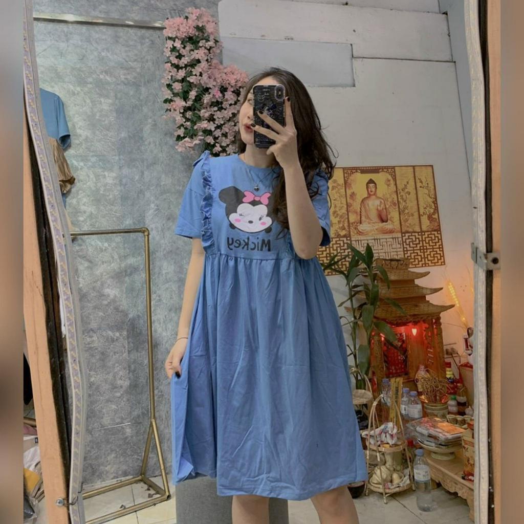 Đầm Bầu Váy Bầu Mùa Hè Dáng Babydoll Chất Cotton In Hình Mickey Dễ Thương Xinh Xắn Vái Mát HD2945 Honey Mommy