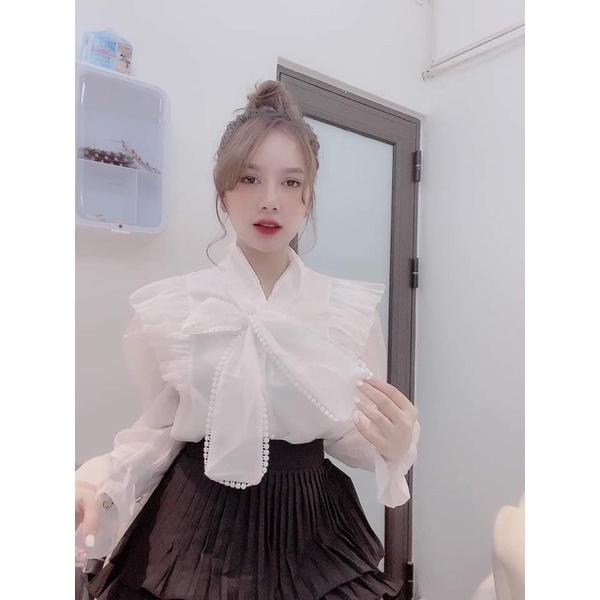 Áo sơ mi cổ nơ đính ngọc | BigBuy360 - bigbuy360.vn