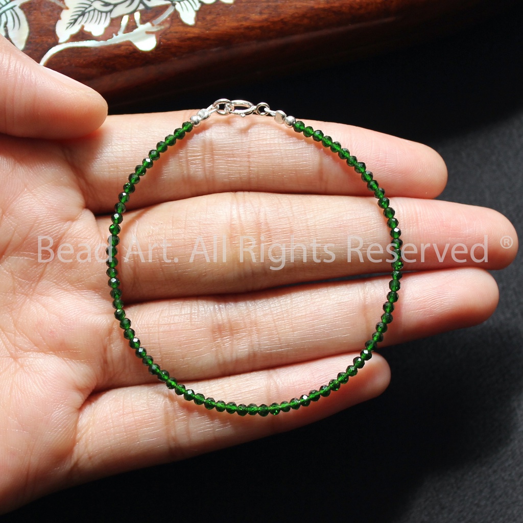 Vòng Tay 2MM Đá Lục Bảo Xanh Lá Đậm Xử Lý Nhiệt Giác Cắt, Bạc 925, Mộc, Hoả, Vòng Tay Phong Thuỷ, Lắc Tay S50 - Bead Art