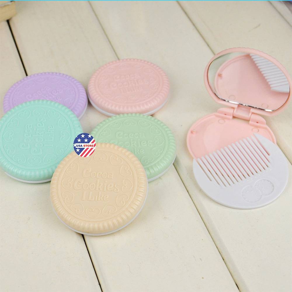 Gương Trang Điểm Bánh Quy Có Lược Tròn Mini Hàn Quốc Bỏ Túi, Soi Bé Nhỏ Bạn Gái Cầm Tay Di Động