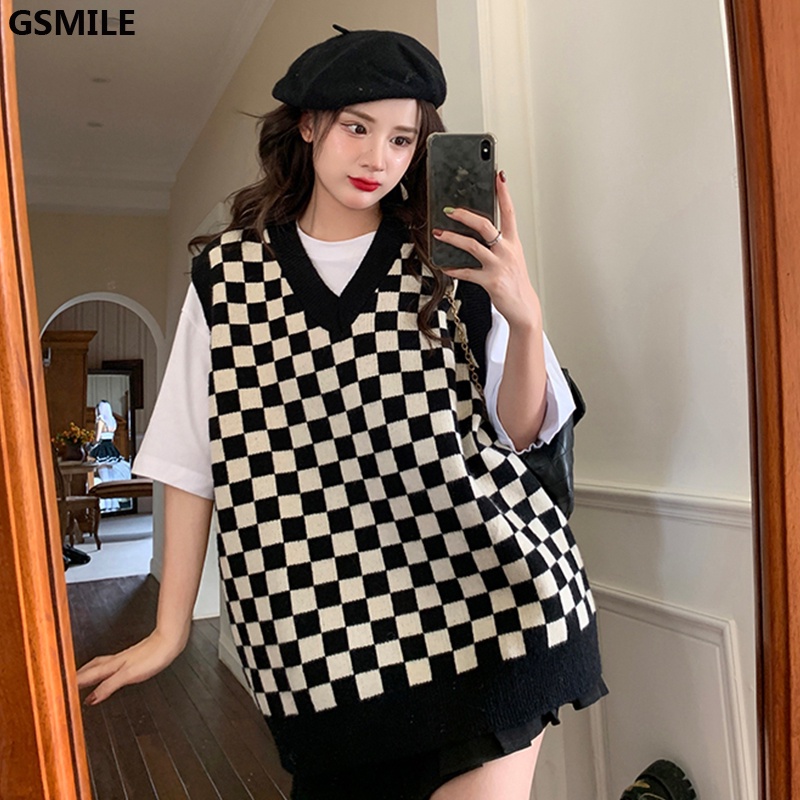 Áo Vest Dệt Kim Kẻ Caro Của Phụ Nữ Áo Len Cổ Chữ V Gấp Lại (Ảnh Chụp Thật Bằng Lông Cừu Cừu) | BigBuy360 - bigbuy360.vn