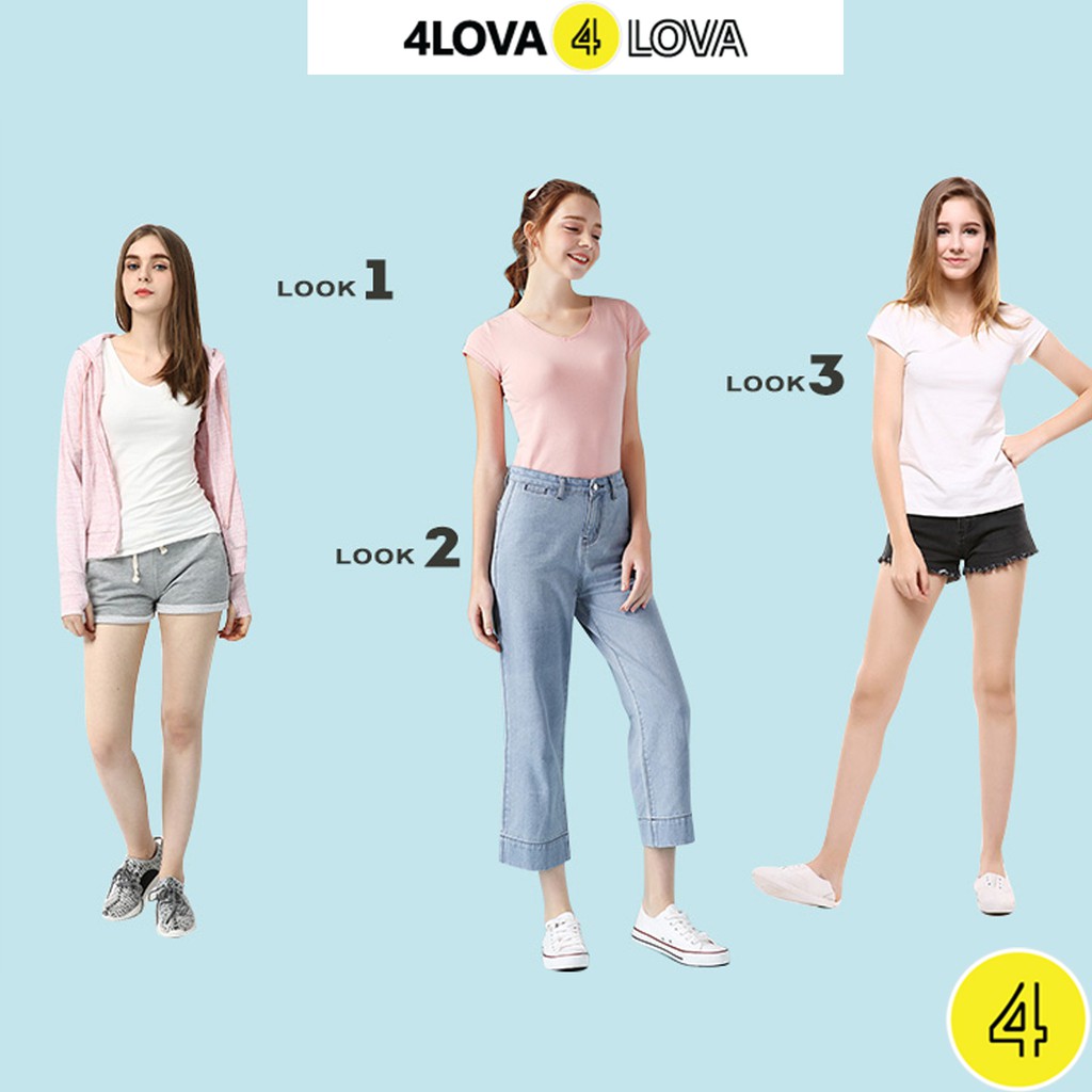 Áo thun trơn nữ 4LOVA cộc tay chất vải cotton cao cấp mềm mát, kiểu dáng cổ tròn và cổ tim