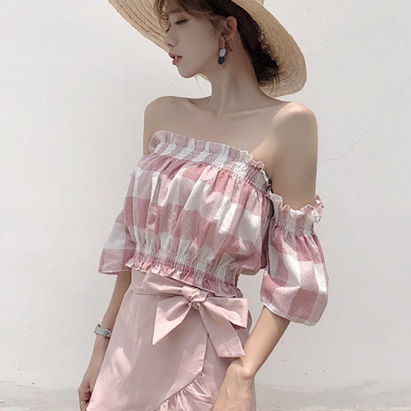 Áo croptop trễ vai phồng caro (CÓ ẢNH THẬT) | BigBuy360 - bigbuy360.vn