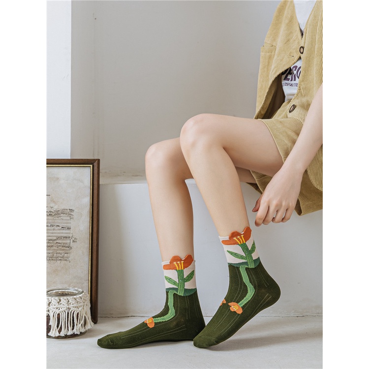 Vớ tất cổ cao ART bông hoa xoăn màu pastel