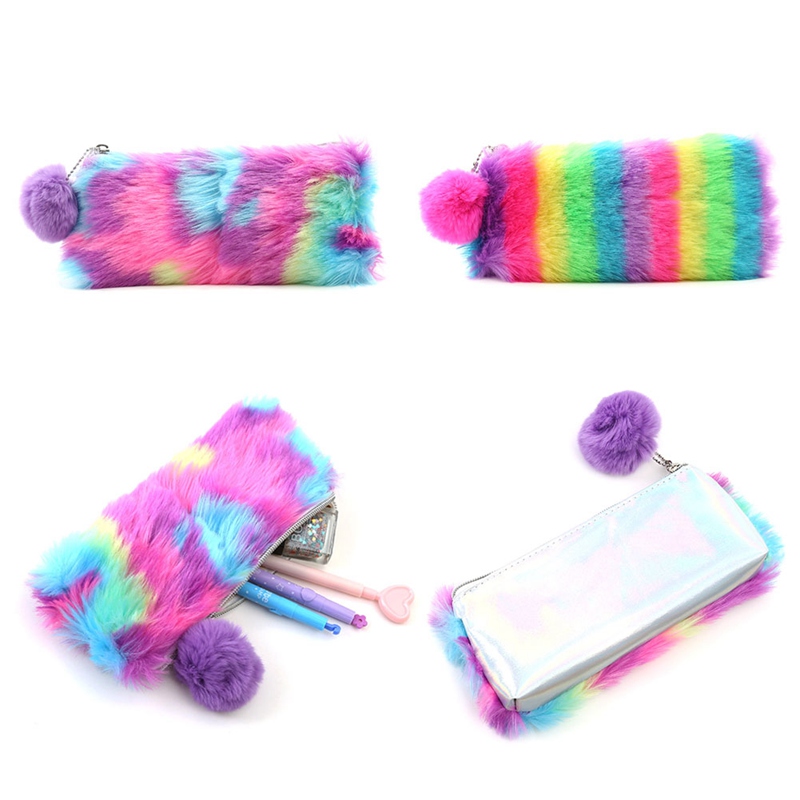 Korean Kawaii Penal Cute Plush School Pencil Case Rainbow Pencilcase for Girls Large Big Pen Bag Stationery Pouch Box Supplie