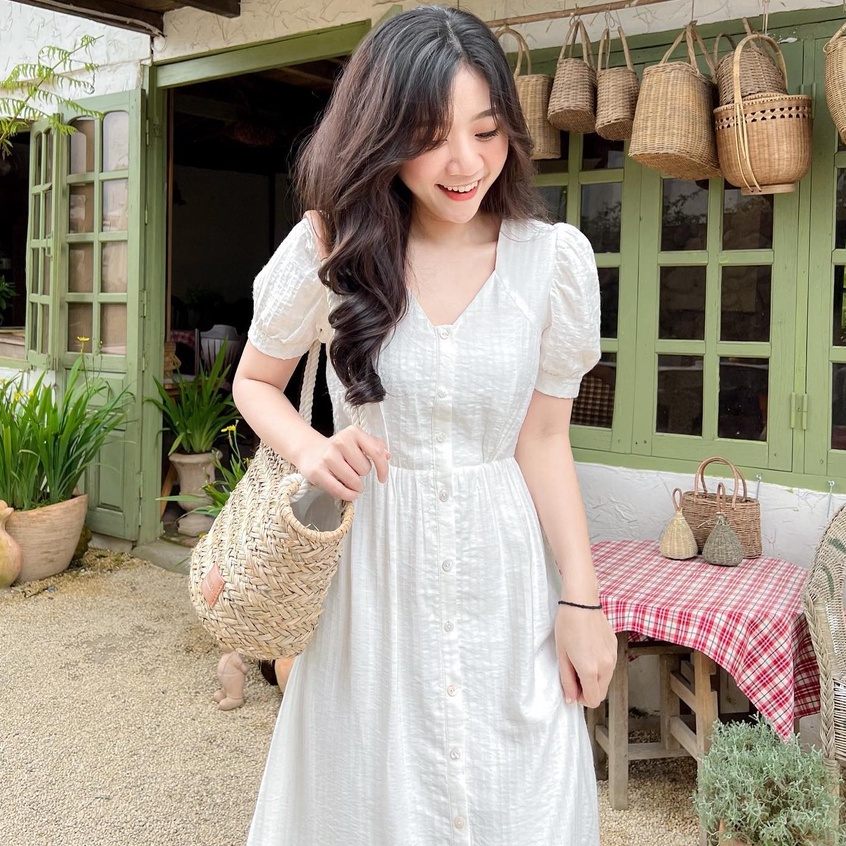 Đầm NAMIA - Đầm cổ tim dáng midi nẹp nút