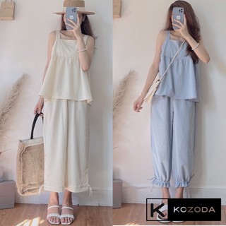 Bộ đồ áo 2 dây quần dài rút ống trẻ trung năng động hai màu be xanh phong cách Hàn Quốc Kozoda M53