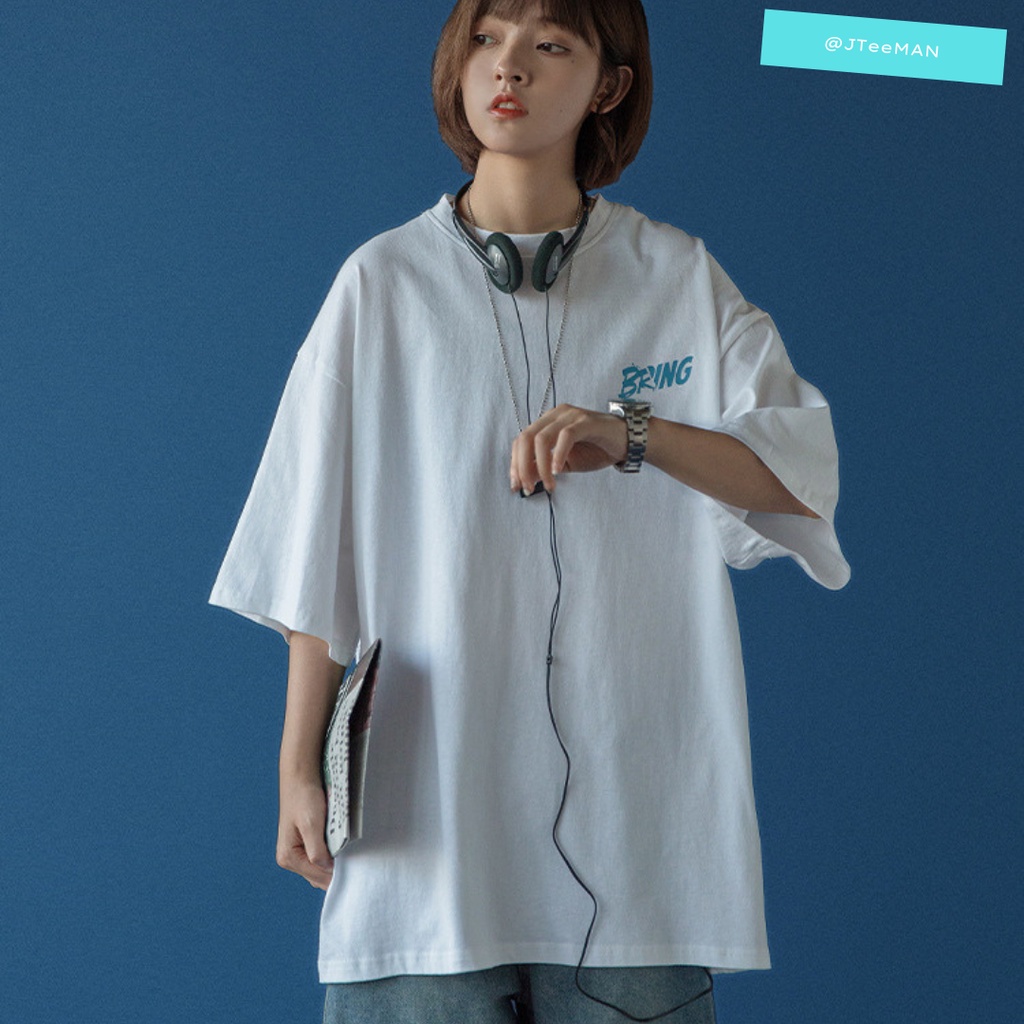 Áo phông unisex form rộng, áo thun unisex tay lỡ in chữ Bring On The Night nam nữ vải cotton 2 màu trắng đen JT28