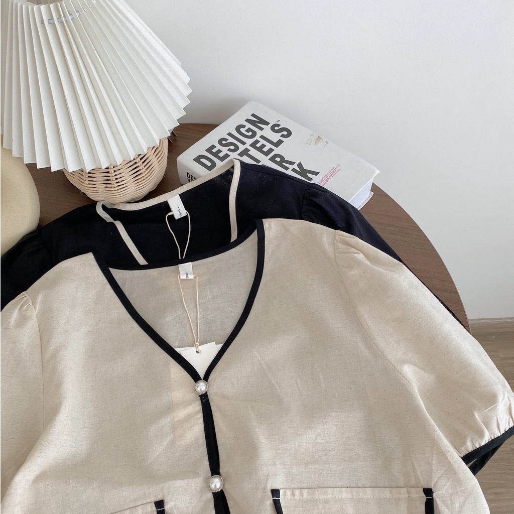 Áo Linen viền cổ V khuy trai 2471 I MISS